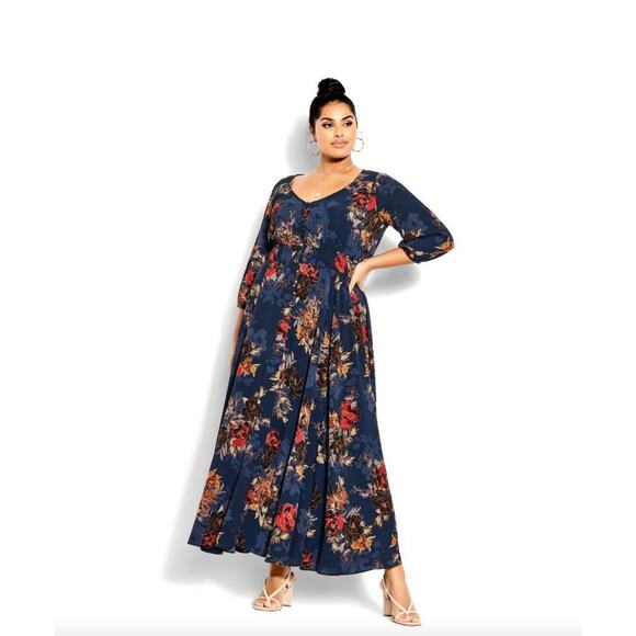 NWT City Chic Maxi Gianna Navy FL Twist L 20 Dress Wedding Guest Plus Size - Picture 1 of 11